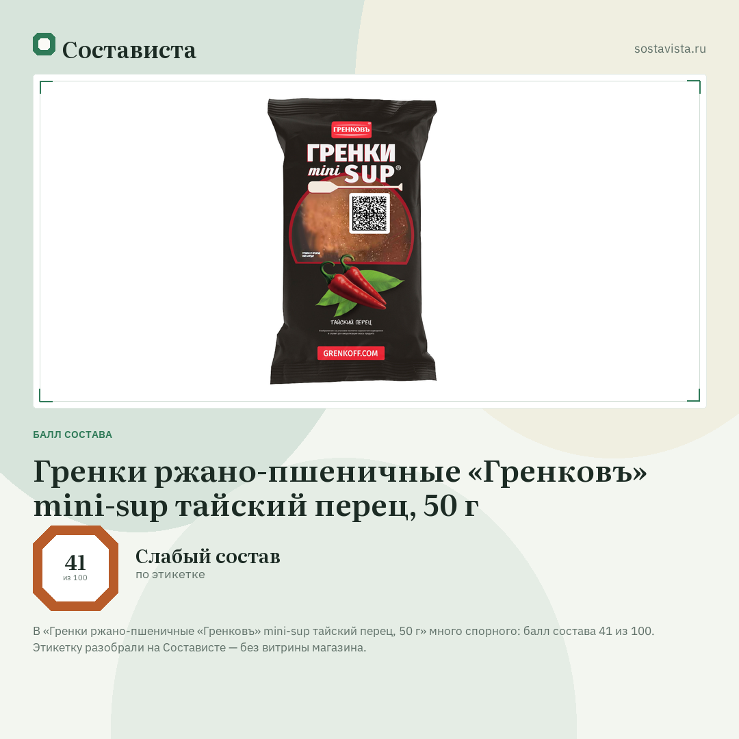 Гренки ржано-пшеничные «Гренковъ» mini-sup тайский перец, 50 г: балл состава 41 из 100 — Состависта