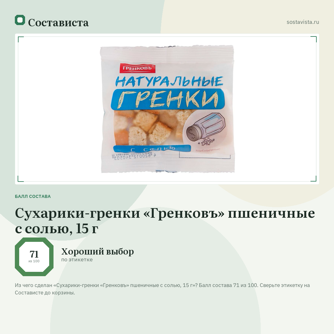 Сухарики-гренки «Гренковъ» пшеничные с солью, 15 г: балл состава 71 из 100 — Состависта