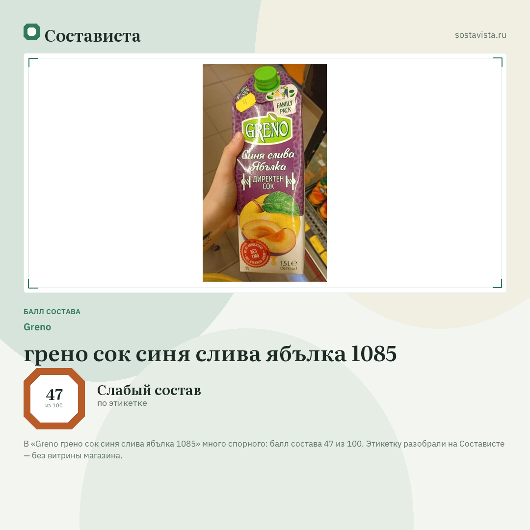 Greno грено сок синя слива ябълка 1085: балл состава 47 из 100 — Состависта