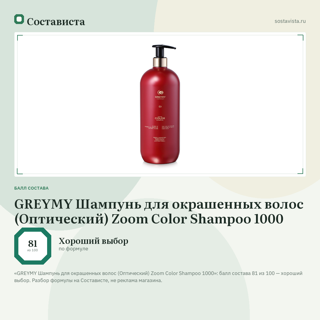 GREYMY Шампунь для окрашенных волос (Оптический) Zoom Color Shampoo 1000: балл состава 81 из 100 — Состависта
