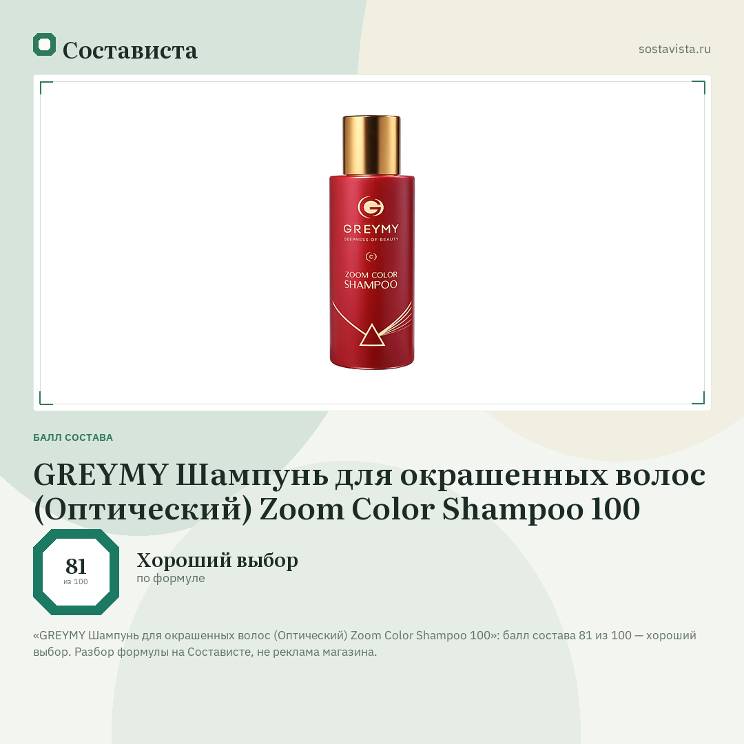 GREYMY Шампунь для окрашенных волос (Оптический) Zoom Color Shampoo 100: балл состава 81 из 100 — Состависта