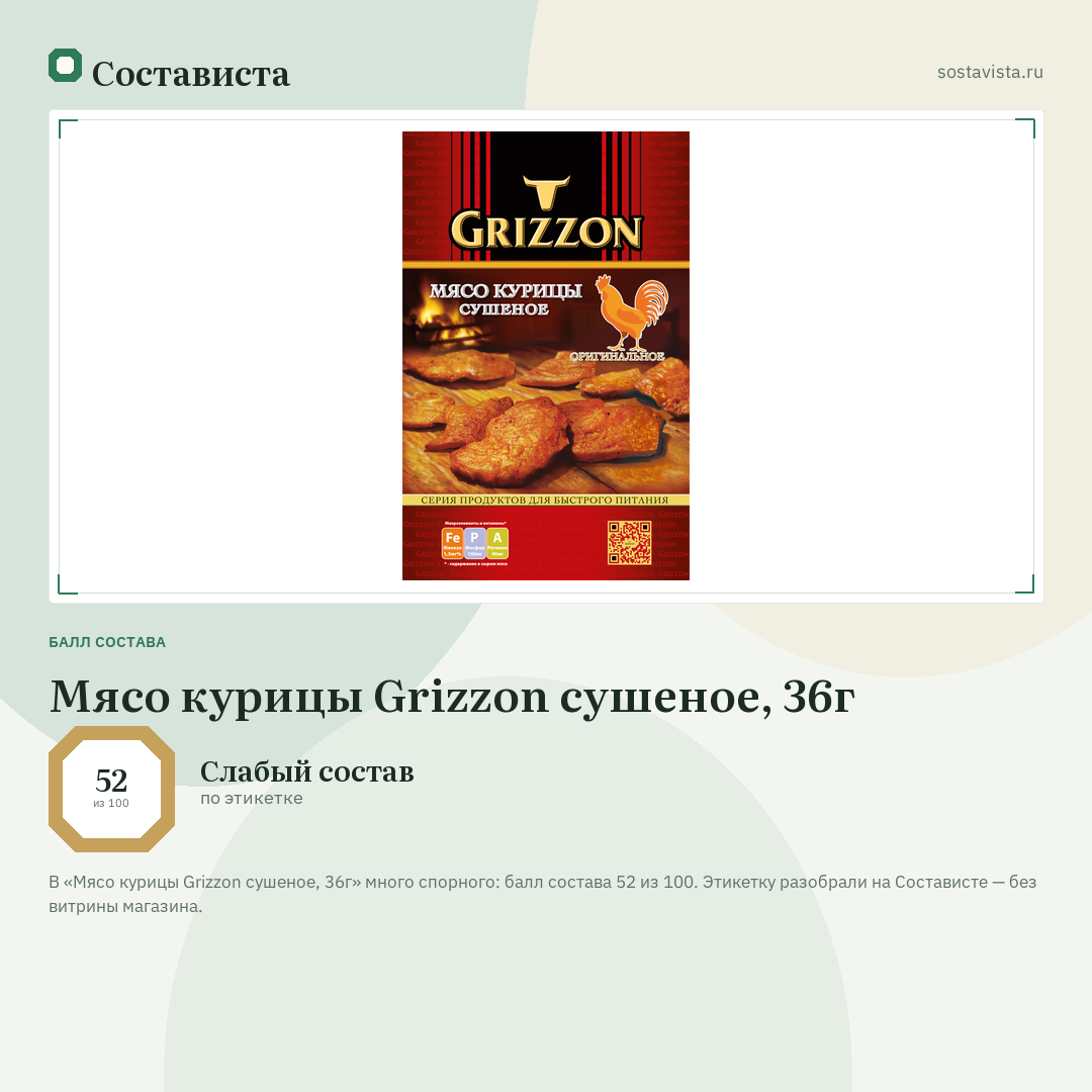 Мясо курицы Grizzon сушеное, 36г: балл состава 52 из 100 — Состависта