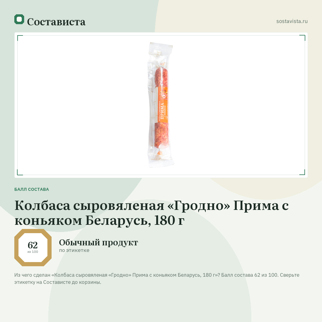 Колбаса сыровяленая «Гродно» Прима с коньяком Беларусь, 180 г: балл состава 62 из 100 — Состависта