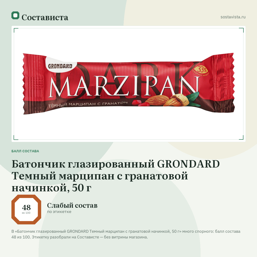 Батончик глазированный GRONDARD Темный марципан с гранатовой начинкой, 50 г: балл состава 48 из 100 — Состависта