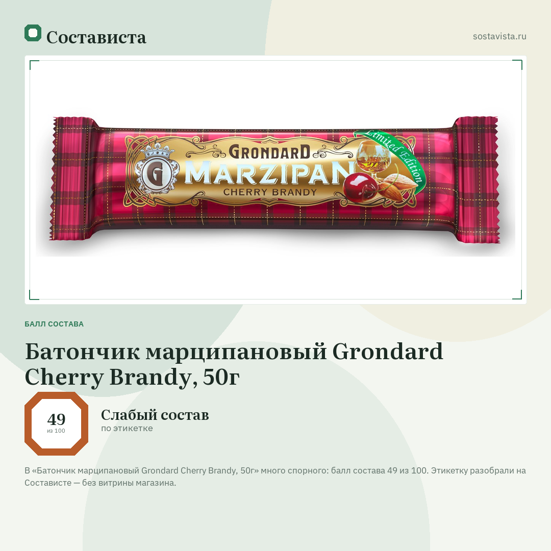 Батончик марципановый Grondard Cherry Brandy, 50г: балл состава 49 из 100 — Состависта