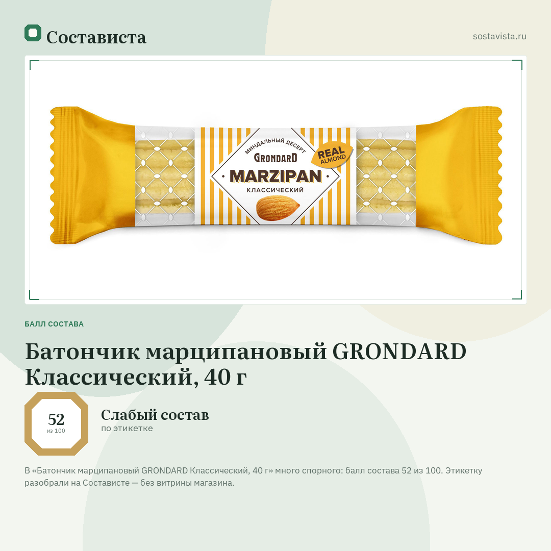 Батончик марципановый GRONDARD Классический, 40 г: балл состава 52 из 100 — Состависта