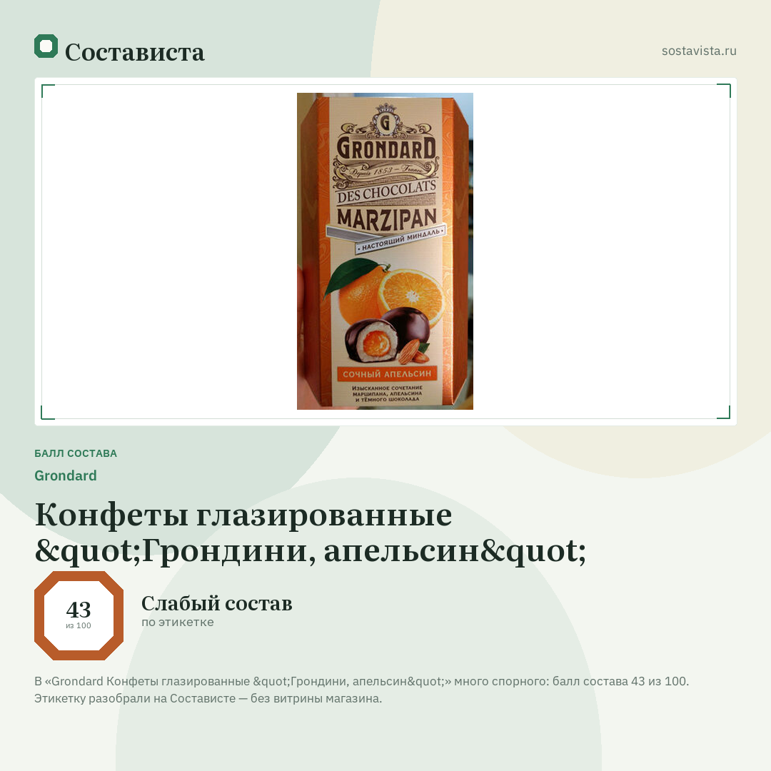 Grondard Конфеты глазированные "Грондини, апельсин": балл состава 43 из 100 — Состависта