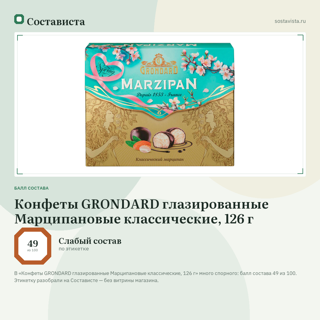 Конфеты GRONDARD глазированные Марципановые классические, 126 г: балл состава 49 из 100 — Состависта
