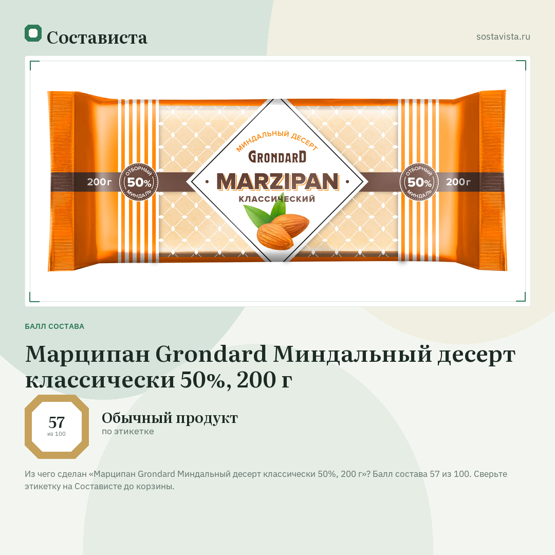 Марципан Grondard Миндальный десерт классически 50%, 200 г: балл состава 57 из 100 — Состависта