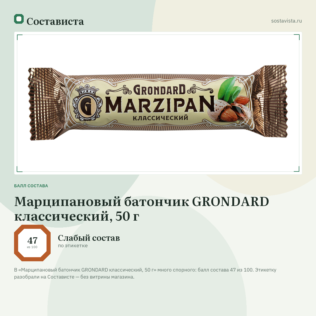 Марципановый батончик GRONDARD классический, 50 г: балл состава 47 из 100 — Состависта