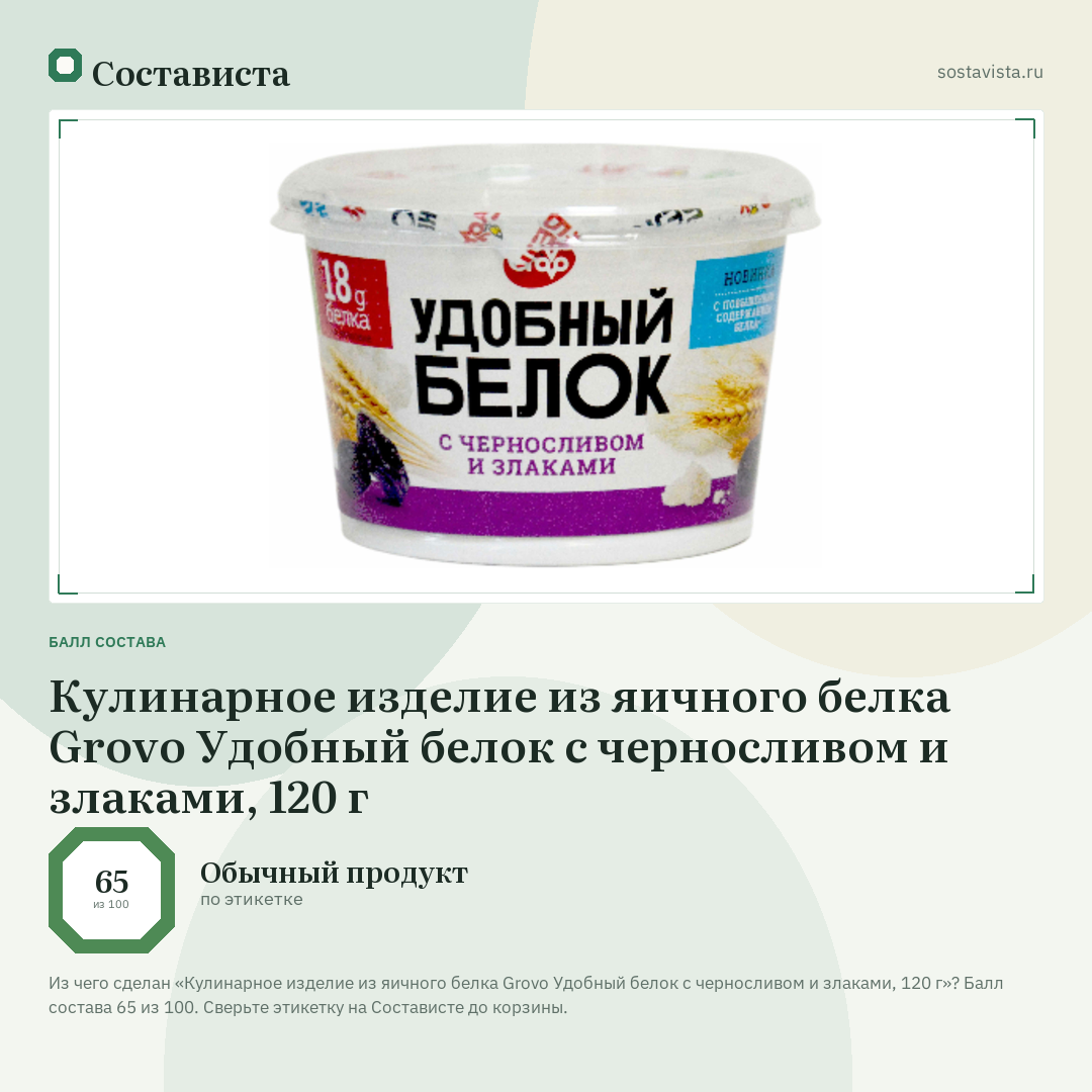 Кулинарное изделие из яичного белка Grovo Удобный белок с черносливом и злаками, 120 г: балл состава 65 из 100 — Состависта