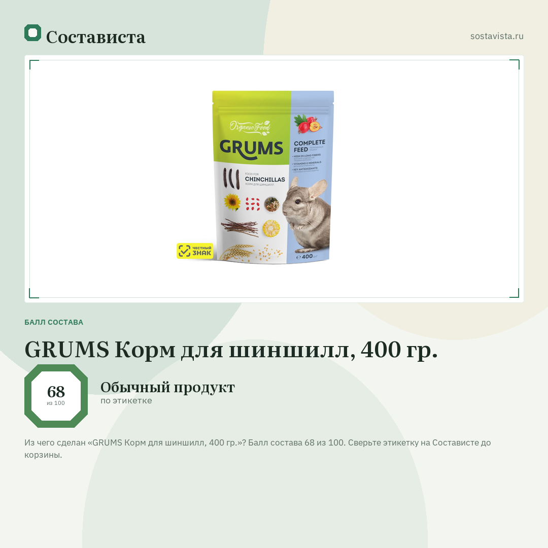 GRUMS Корм для шиншилл, 400 гр.: балл состава 68 из 100 — Состависта