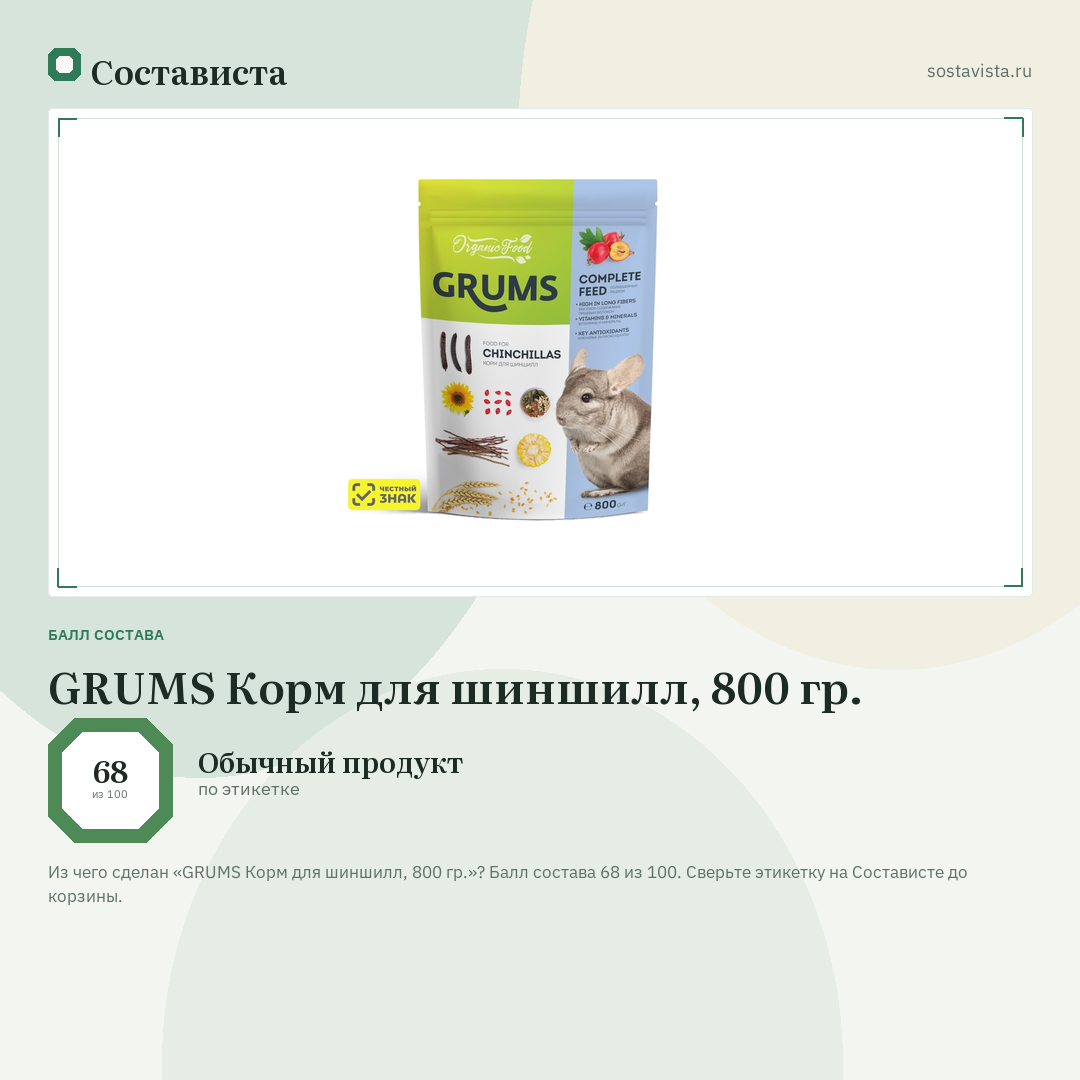 GRUMS Корм для шиншилл, 800 гр.: балл состава 68 из 100 — Состависта