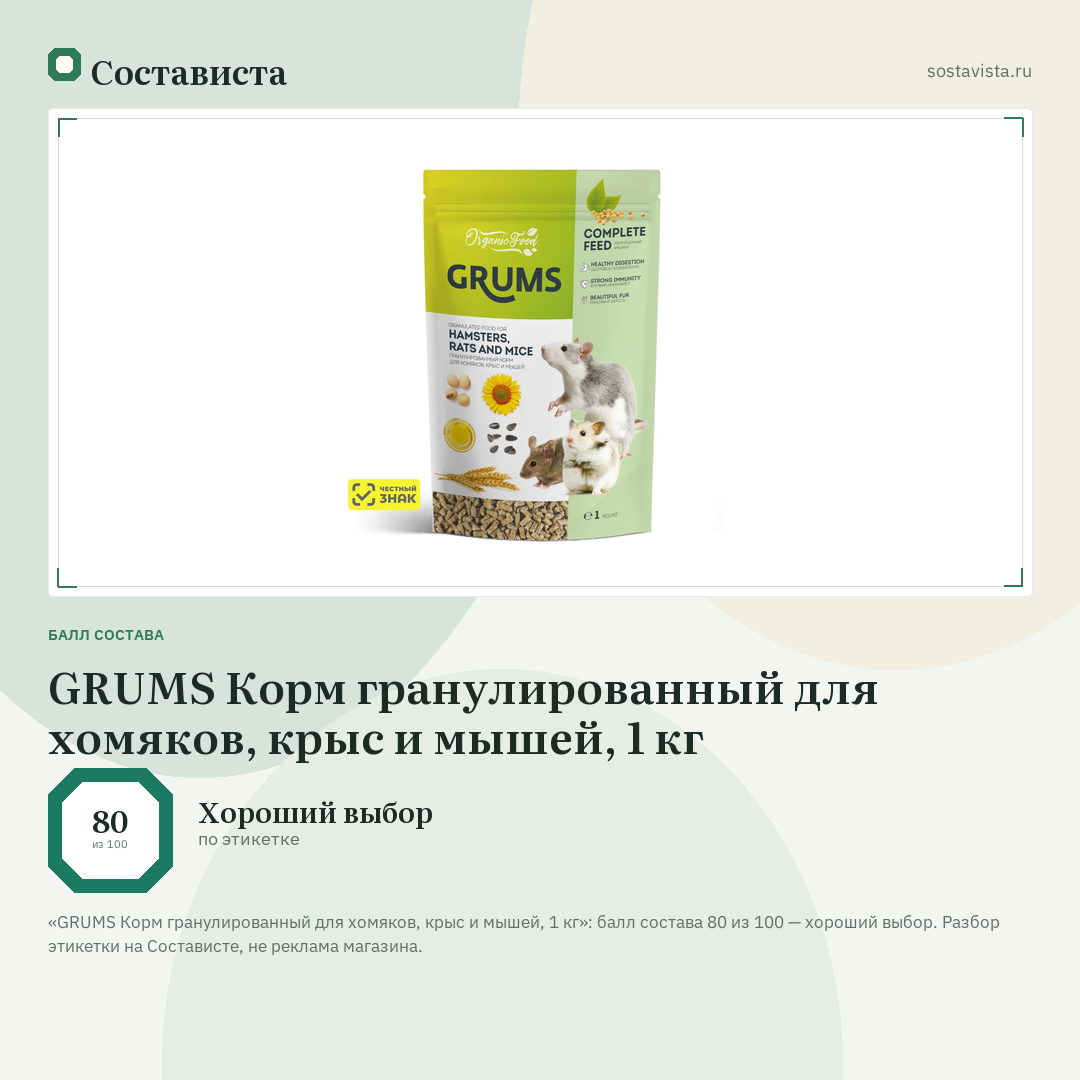 GRUMS Корм гранулированный для хомяков, крыс и мышей, 1 кг: балл состава 80 из 100 — Состависта