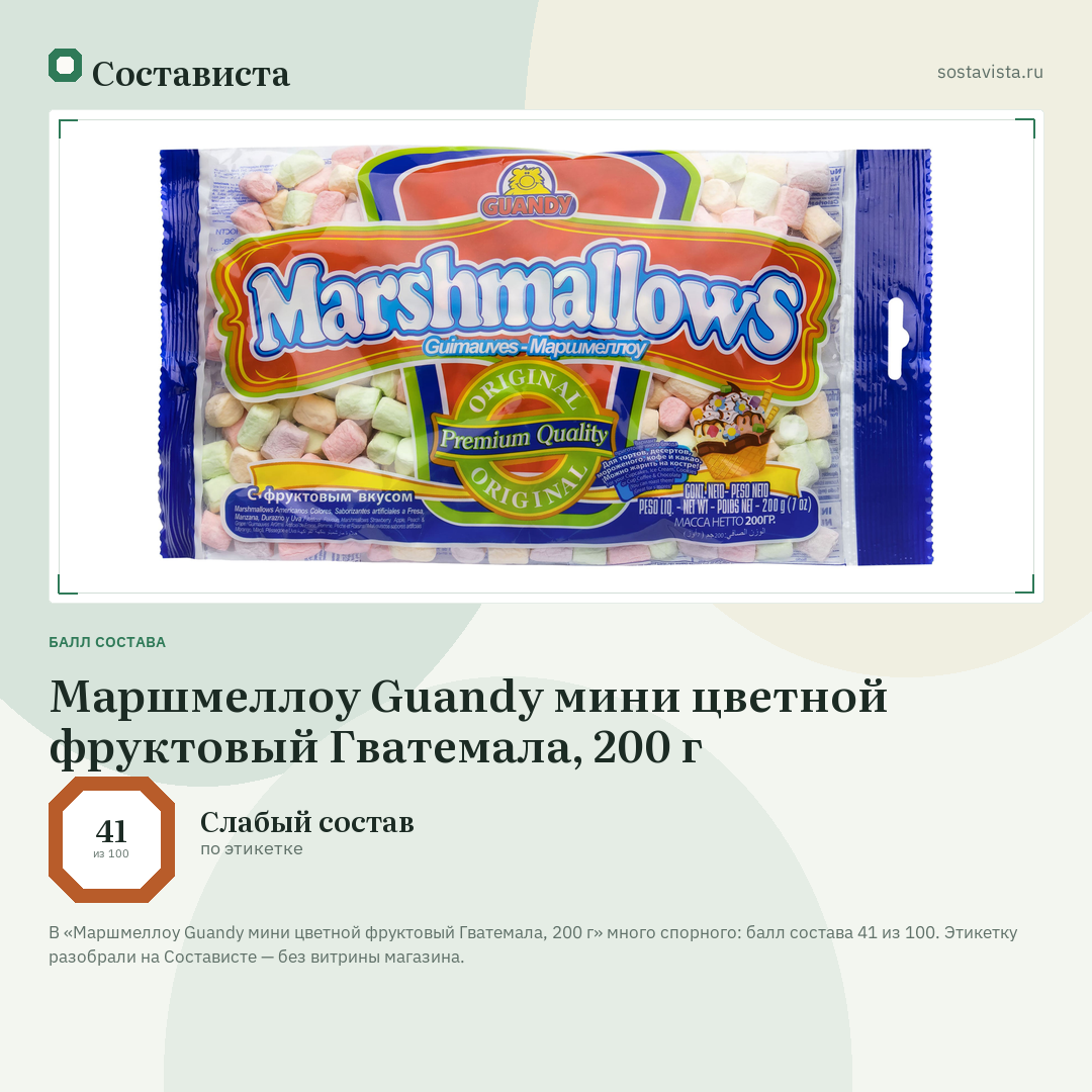 Маршмеллоу Guandy мини цветной фруктовый Гватемала, 200 г: балл состава 41 из 100 — Состависта
