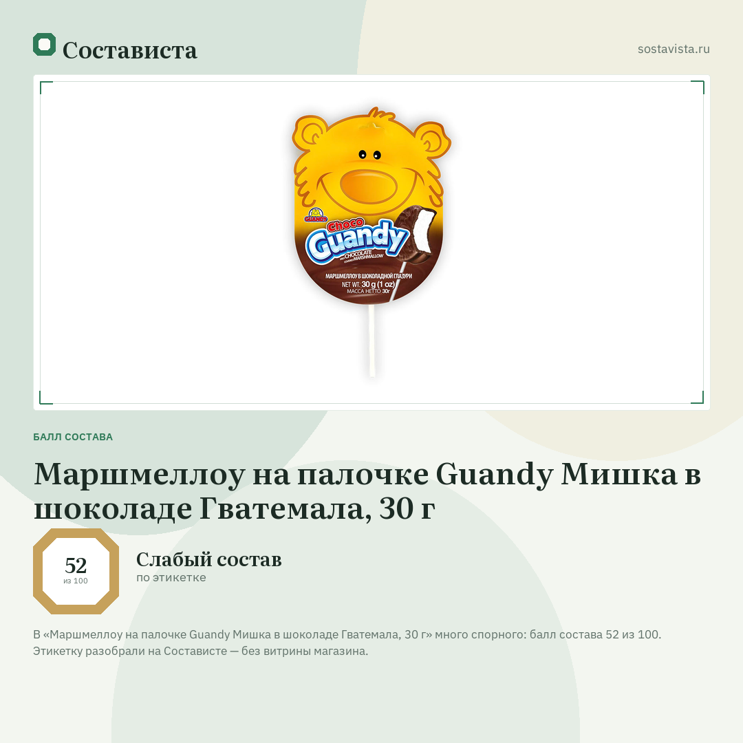 Маршмеллоу на палочке Guandy Мишка в шоколаде Гватемала, 30 г: балл состава 52 из 100 — Состависта