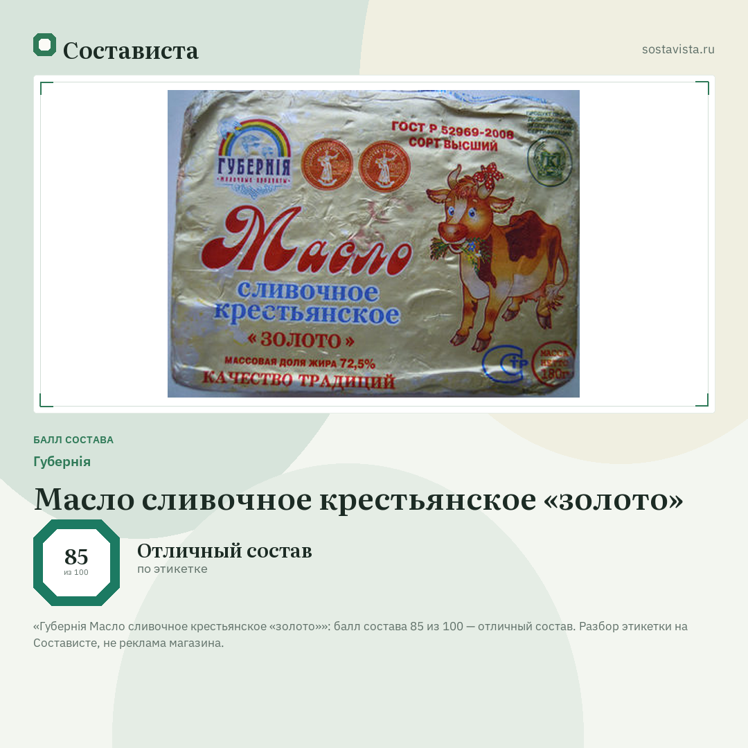 Губернія Масло сливочное крестьянское «золото»: балл состава 85 из 100 — Состависта