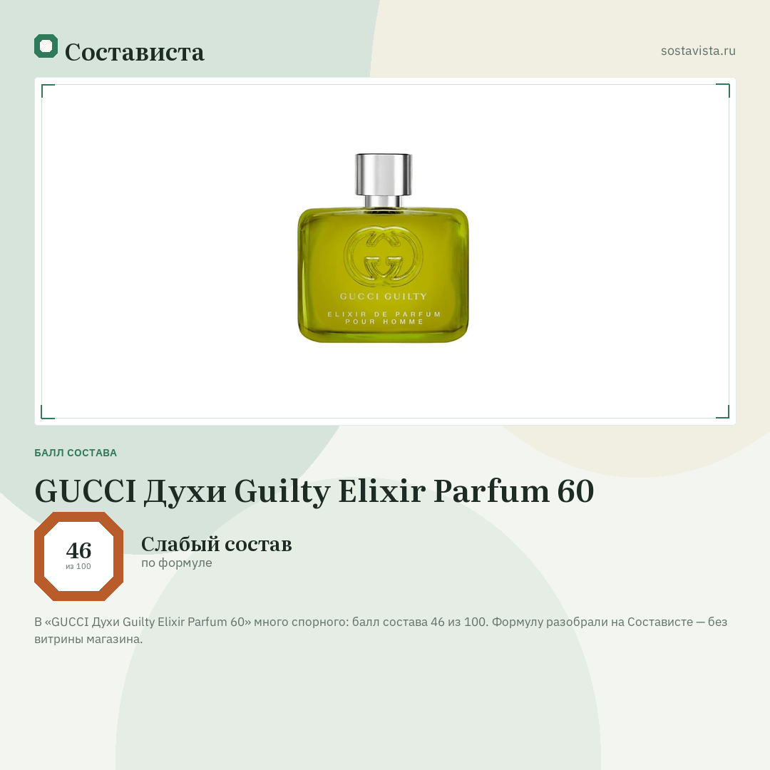 GUCCI Духи Guilty Elixir Parfum 60: балл состава 46 из 100 — Состависта