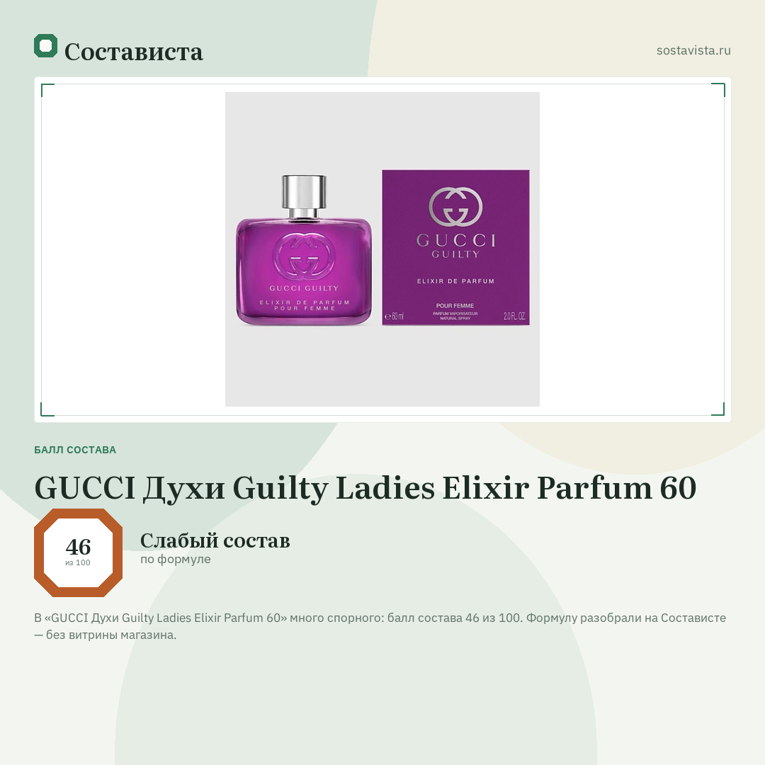 GUCCI Духи Guilty Ladies Elixir Parfum 60: балл состава 46 из 100 — Состависта