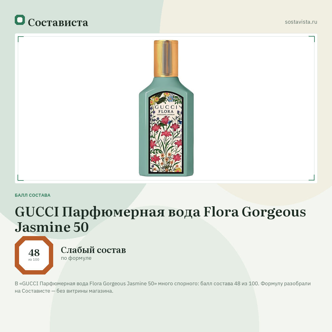 GUCCI Парфюмерная вода Flora Gorgeous Jasmine 50: балл состава 48 из 100 — Состависта