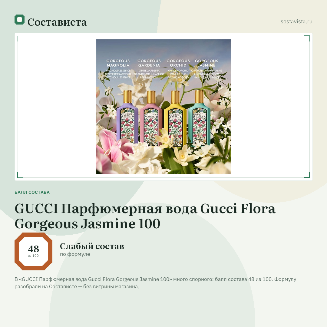 GUCCI Парфюмерная вода Gucci Flora Gorgeous Jasmine 100: балл состава 48 из 100 — Состависта