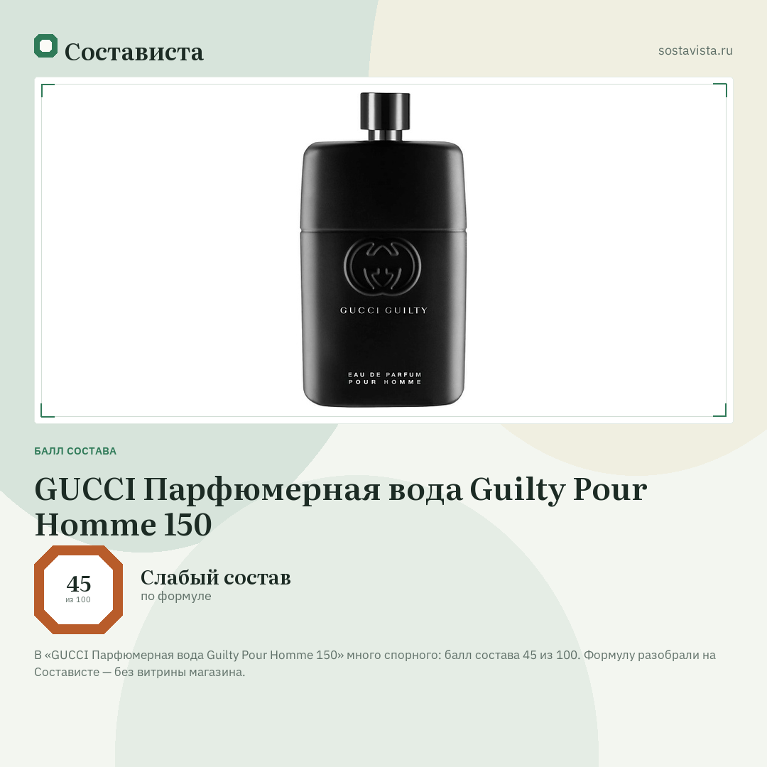 GUCCI Парфюмерная вода Guilty Pour Homme 150: балл состава 45 из 100 — Состависта