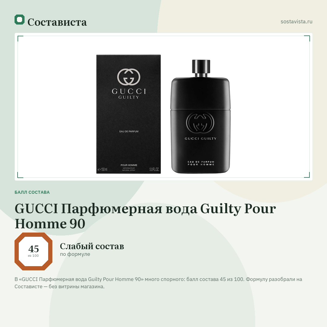 GUCCI Парфюмерная вода Guilty Pour Homme 90: балл состава 45 из 100 — Состависта