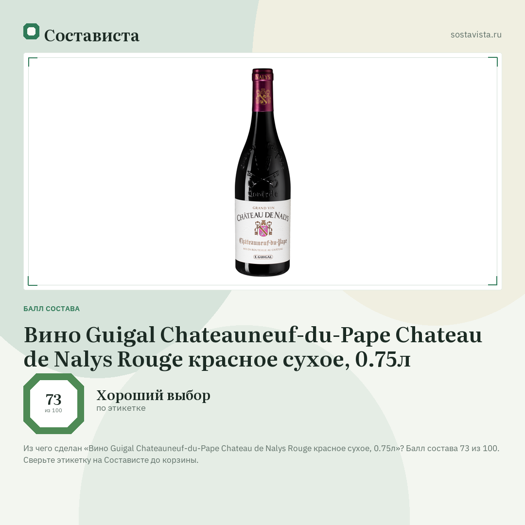 Вино Guigal Chateauneuf-du-Pape Chateau de Nalys Rouge красное сухое, 0.75л: балл состава 73 из 100 — Состависта
