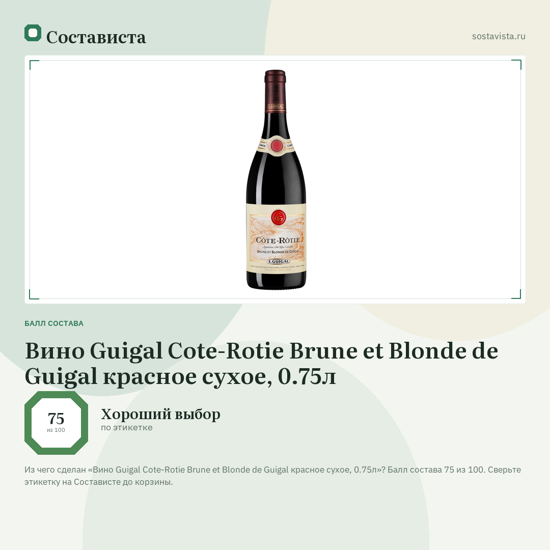 Вино Guigal Cote-Rotie Brune et Blonde de Guigal красное сухое, 0.75л: балл состава 75 из 100 — Состависта