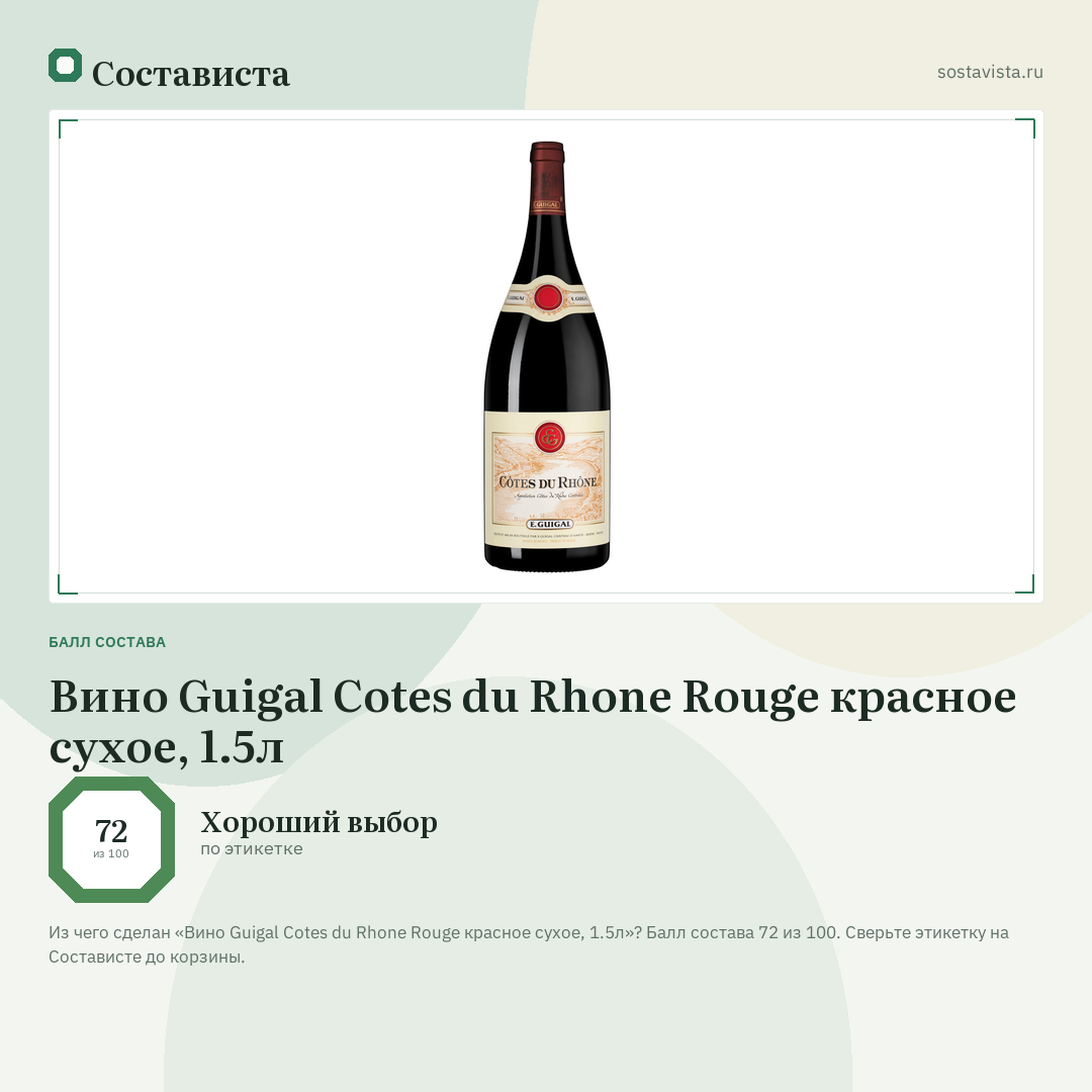 Вино Guigal Cotes du Rhone Rouge красное сухое, 1.5л: балл состава 72 из 100 — Состависта