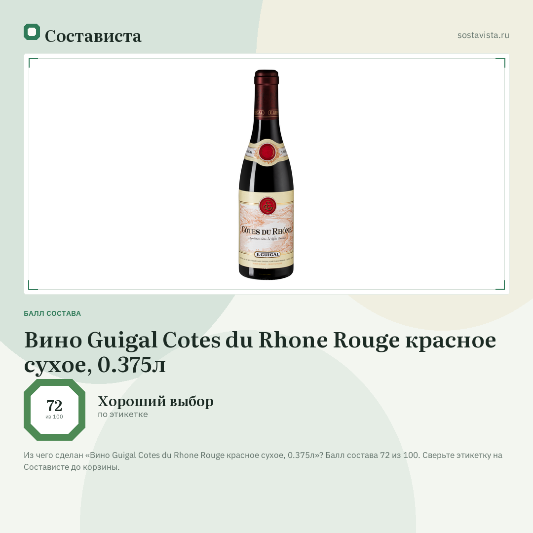 Вино Guigal Cotes du Rhone Rouge красное сухое, 0.375л: балл состава 72 из 100 — Состависта