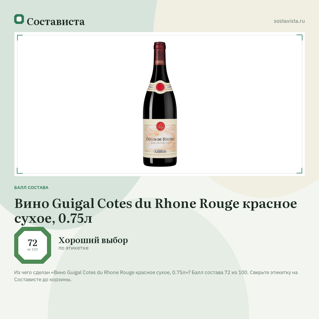 Вино Guigal Cotes du Rhone Rouge красное сухое, 0.75л: балл состава 72 из 100 — Состависта