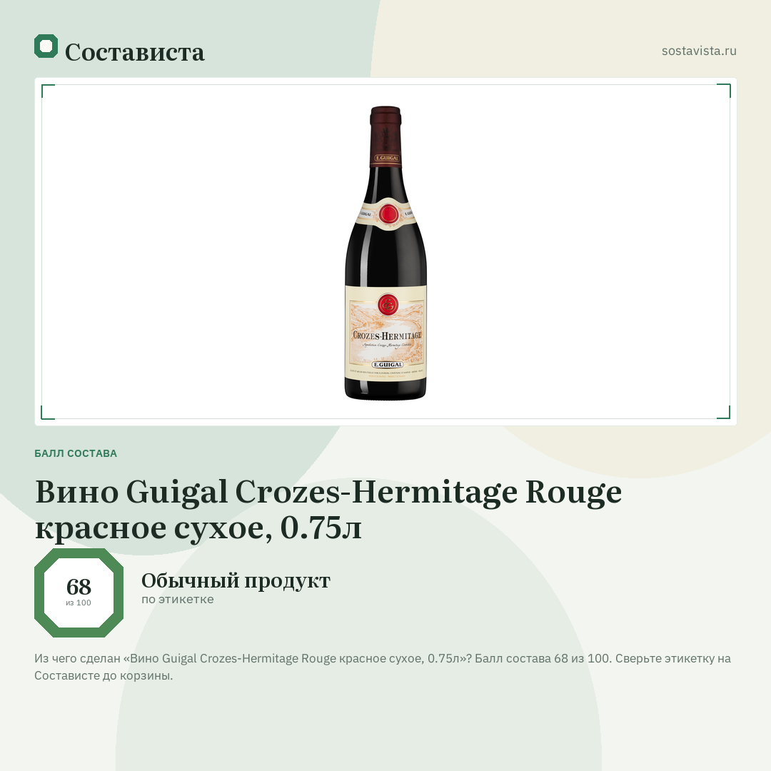 Вино Guigal Crozes-Hermitage Rouge красное сухое, 0.75л: балл состава 68 из 100 — Состависта