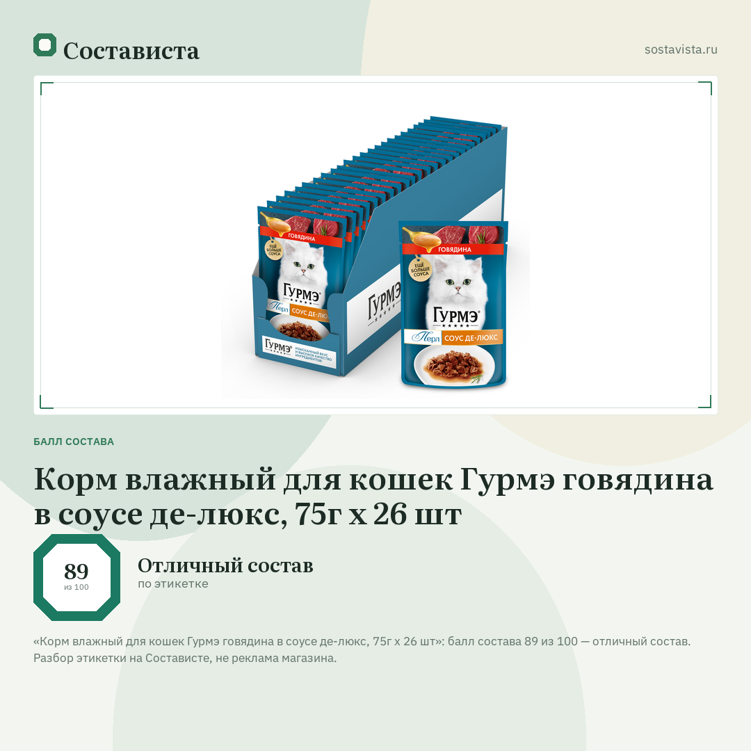 Корм влажный для кошек Гурмэ говядина в соусе де-люкс, 75г х 26 шт: балл состава 89 из 100 — Состависта