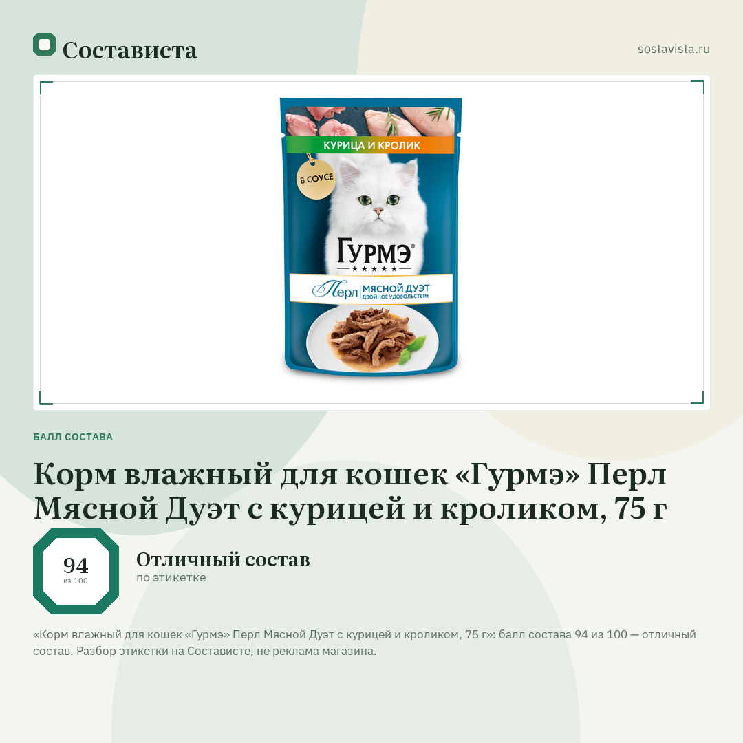 Корм влажный для кошек «Гурмэ» Перл Мясной Дуэт с курицей и кроликом, 75 г: балл состава 94 из 100 — Состависта