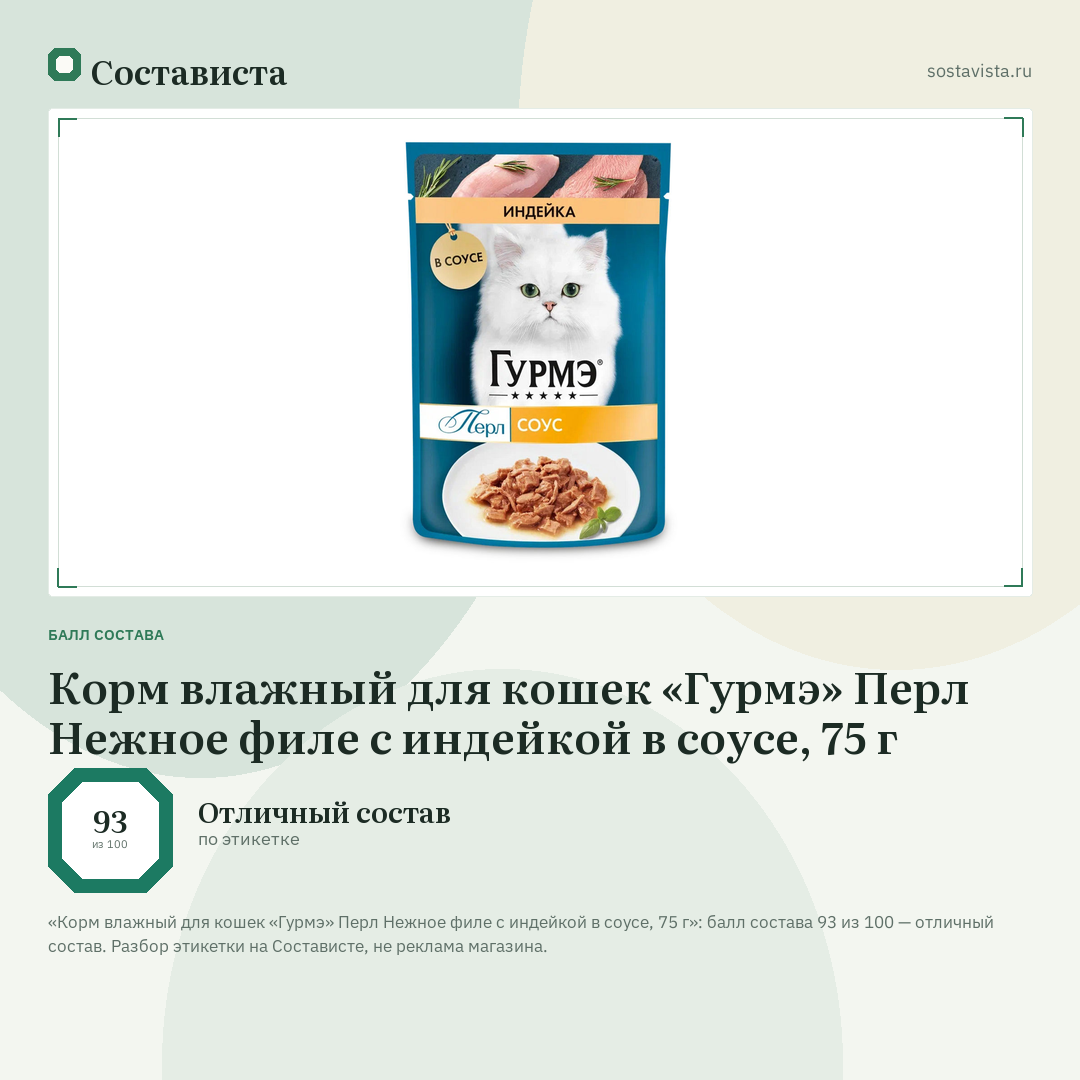 Корм влажный для кошек «Гурмэ» Перл Нежное филе с индейкой в соусе, 75 г: балл состава 93 из 100 — Состависта