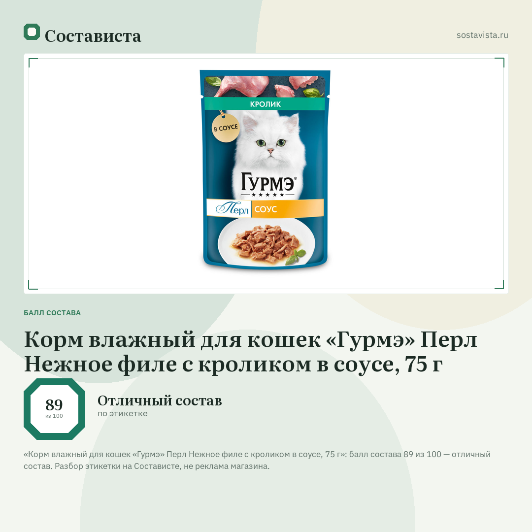 Корм влажный для кошек «Гурмэ» Перл Нежное филе с кроликом в соусе, 75 г: балл состава 89 из 100 — Состависта