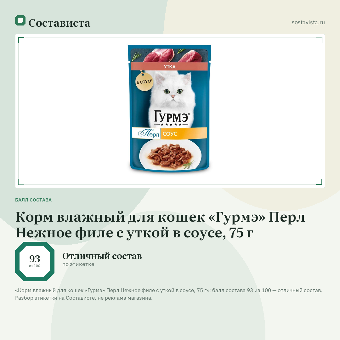 Корм влажный для кошек «Гурмэ» Перл Нежное филе с уткой в соусе, 75 г: балл состава 93 из 100 — Состависта