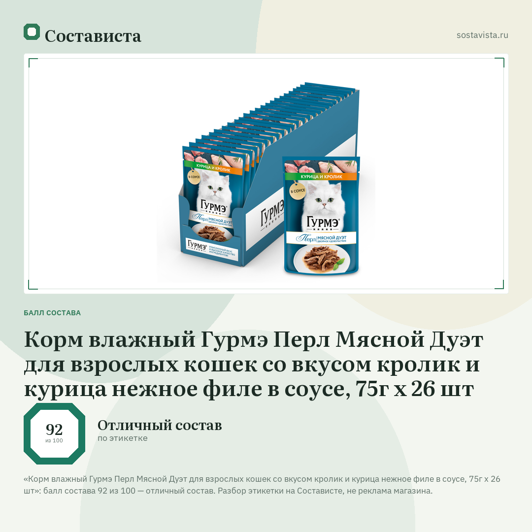 Корм влажный Гурмэ Перл Мясной Дуэт для взрослых кошек со вкусом кролик и курица нежное филе в соусе, 75г х 26 шт: балл состава 92 из 100 — Состависта