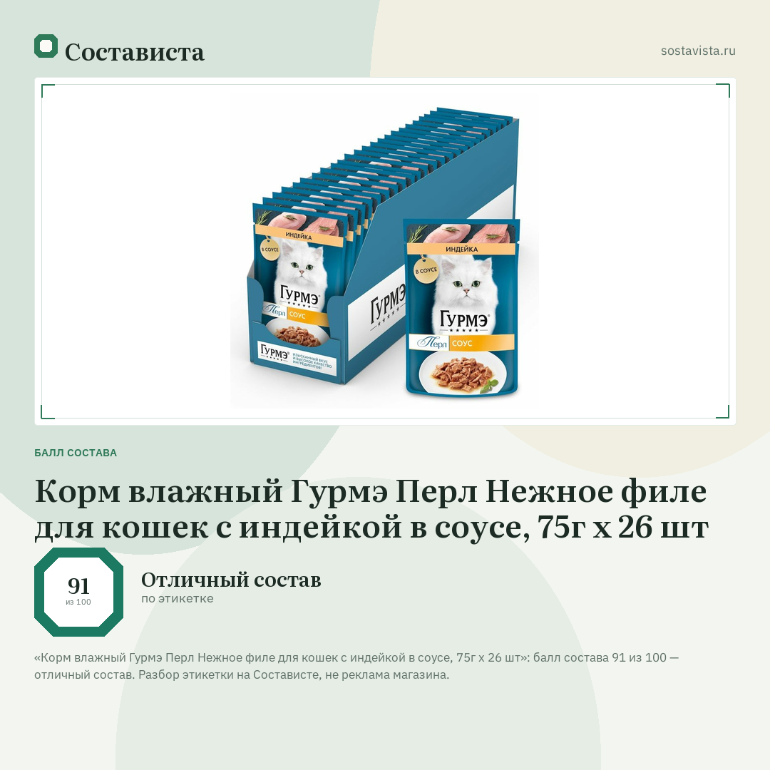 Корм влажный Гурмэ Перл Нежное филе для кошек с индейкой в соусе, 75г х 26 шт: балл состава 91 из 100 — Состависта