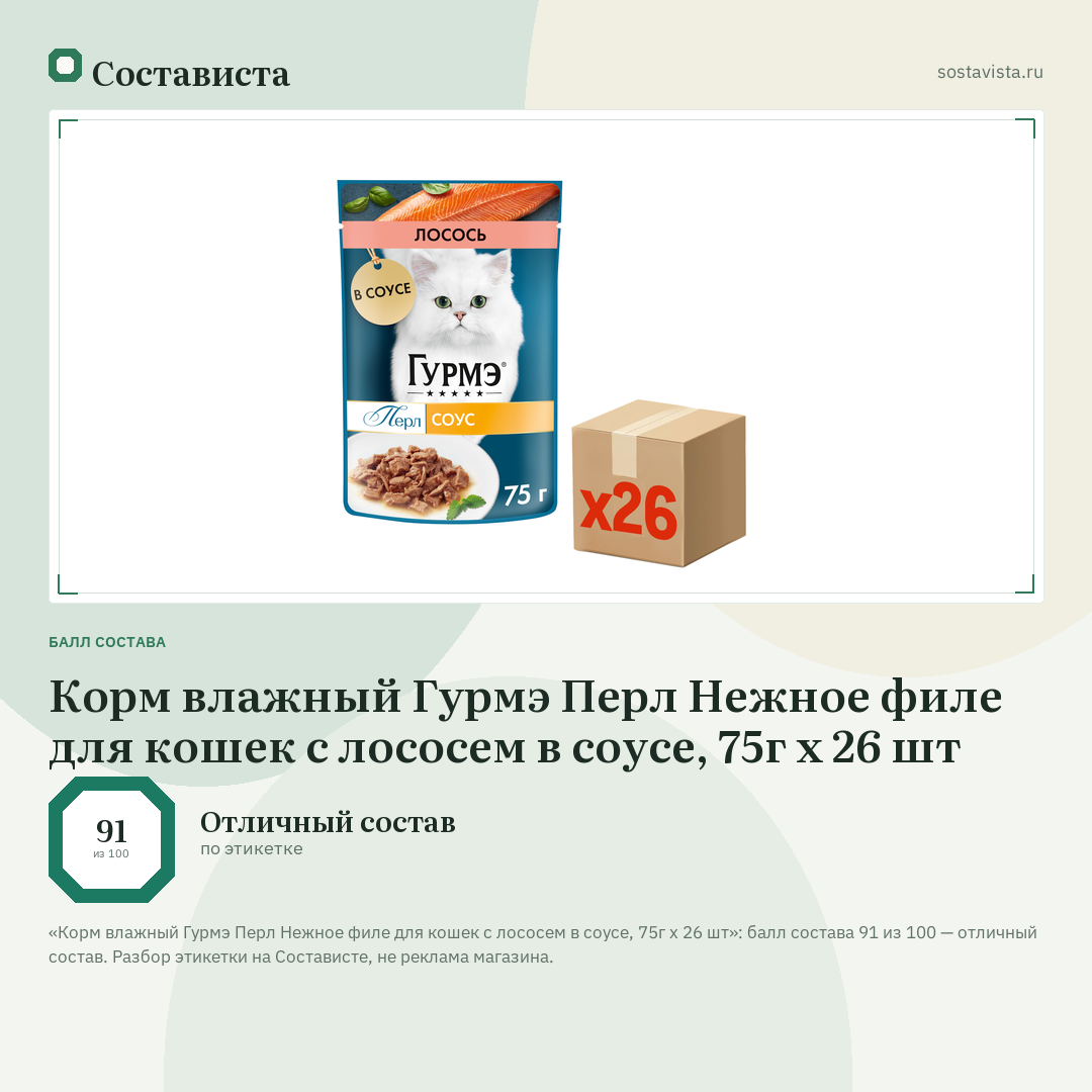 Корм влажный Гурмэ Перл Нежное филе для кошек с лососем в соусе, 75г х 26 шт: балл состава 91 из 100 — Состависта