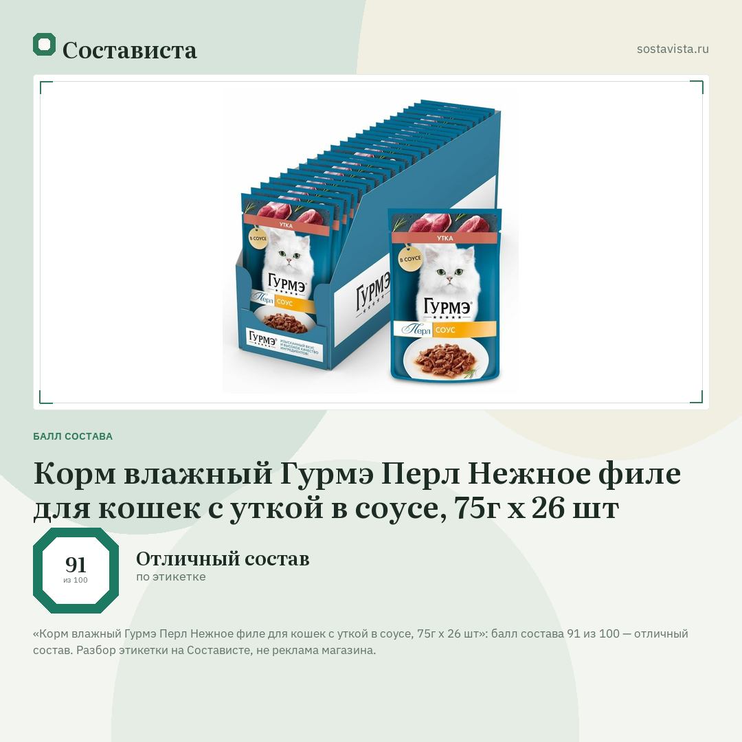 Корм влажный Гурмэ Перл Нежное филе для кошек с уткой в соусе, 75г х 26 шт: балл состава 91 из 100 — Состависта