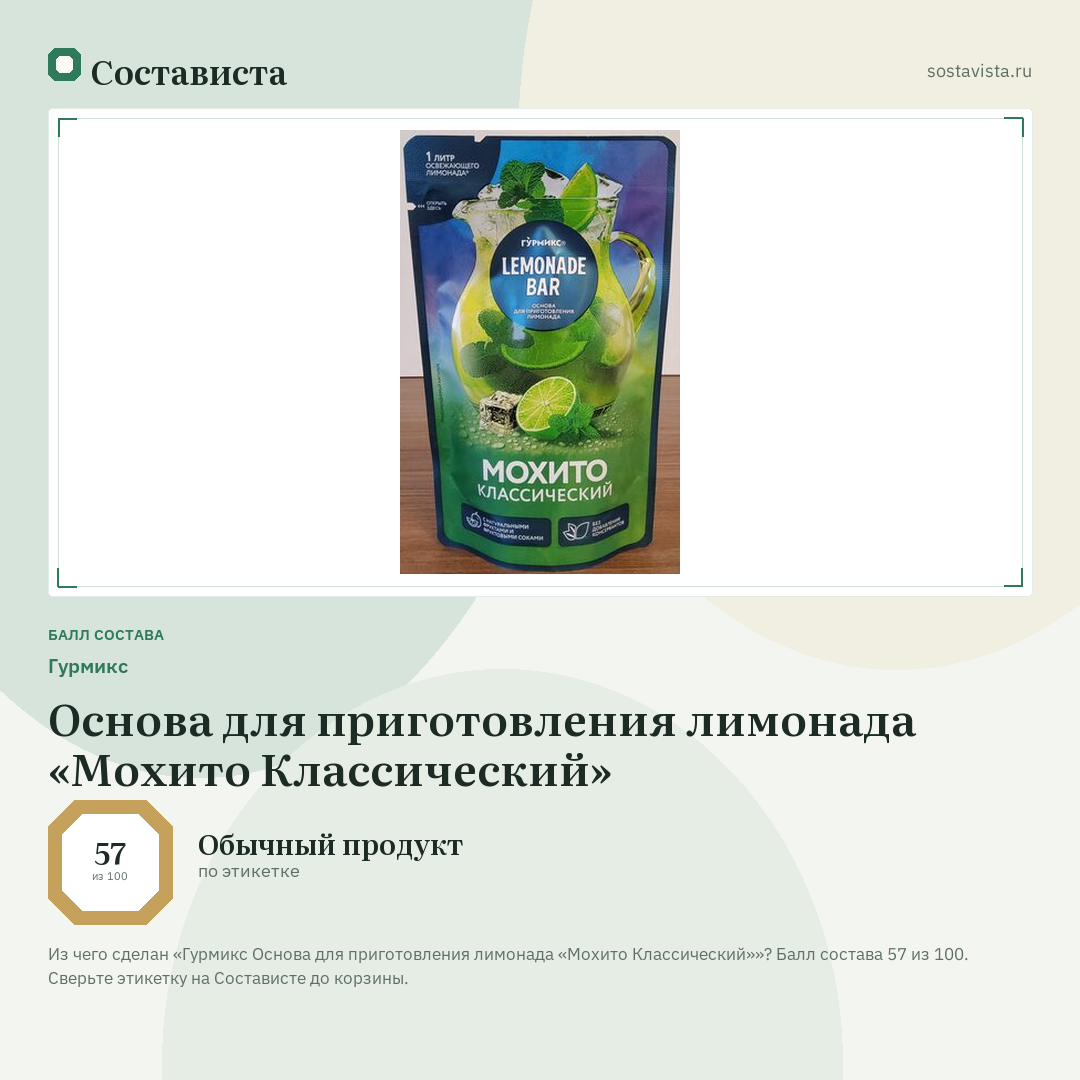 Гурмикс Основа для приготовления лимонада «Мохито Классический»: балл состава 57 из 100 — Состависта