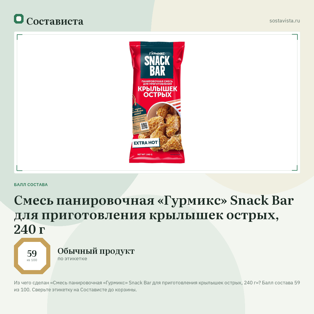 Смесь панировочная «Гурмикс» Snack Bar для приготовления крылышек острых, 240 г: балл состава 59 из 100 — Состависта