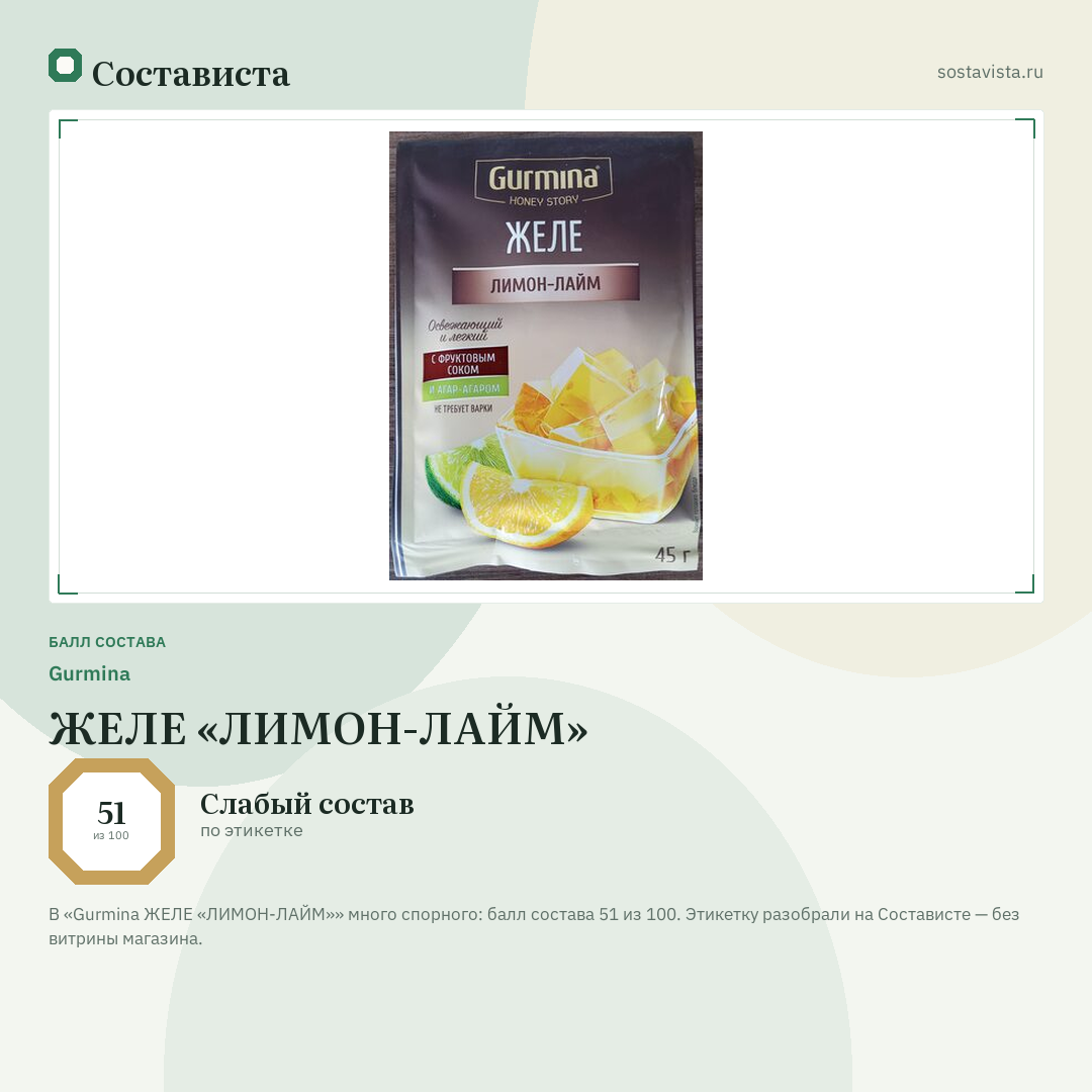 Gurmina ЖЕЛЕ «ЛИМОН-ЛАЙМ»: балл состава 51 из 100 — Состависта
