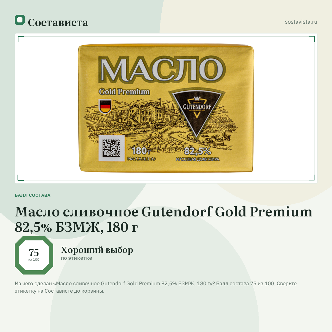 Масло сливочное Gutendorf Gold Premium 82,5% БЗМЖ, 180 г: балл состава 75 из 100 — Состависта