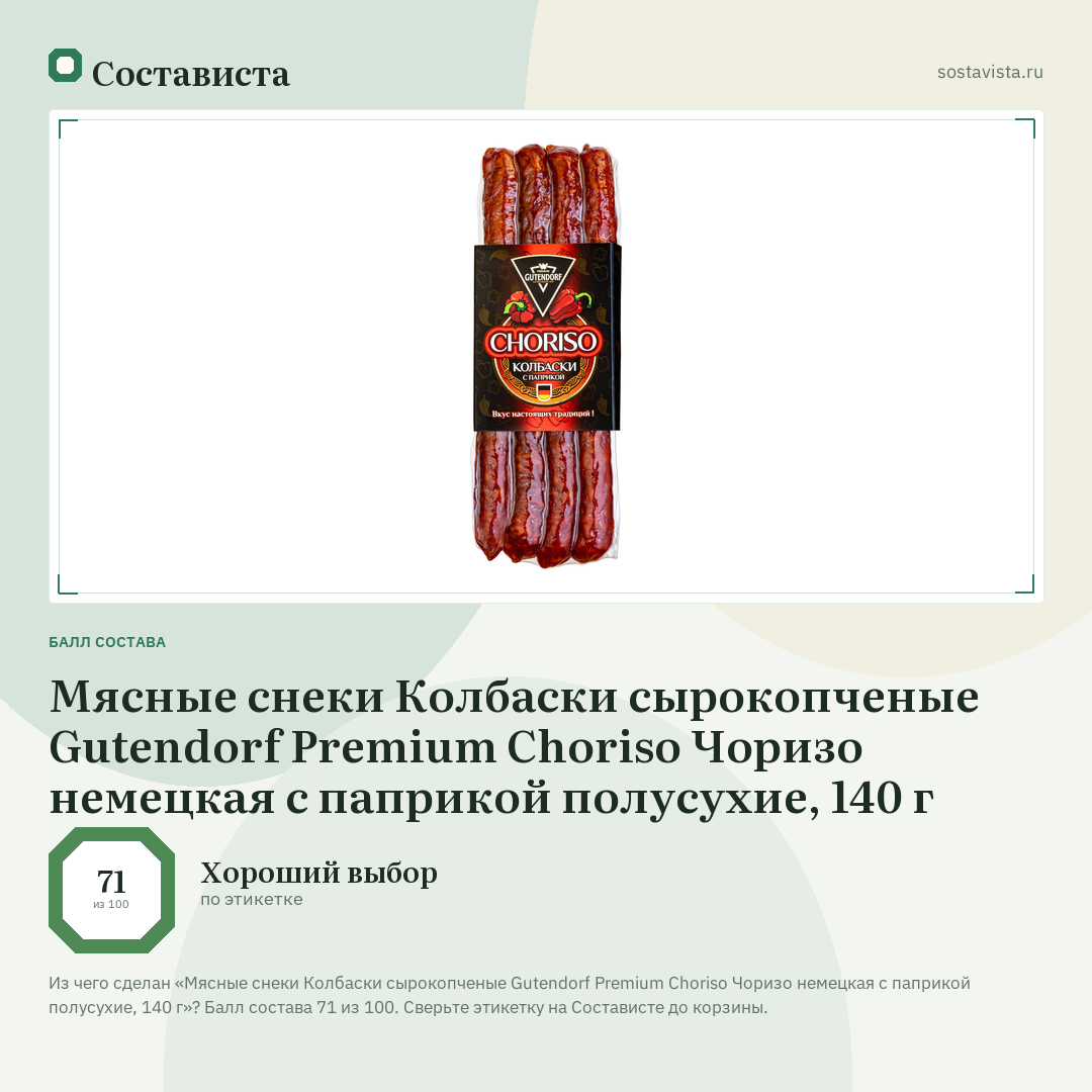 Мясные снеки Колбаски сырокопченые Gutendorf Premium Choriso Чоризо немецкая с паприкой полусухие, 140 г: балл состава 71 из 100 — Состависта