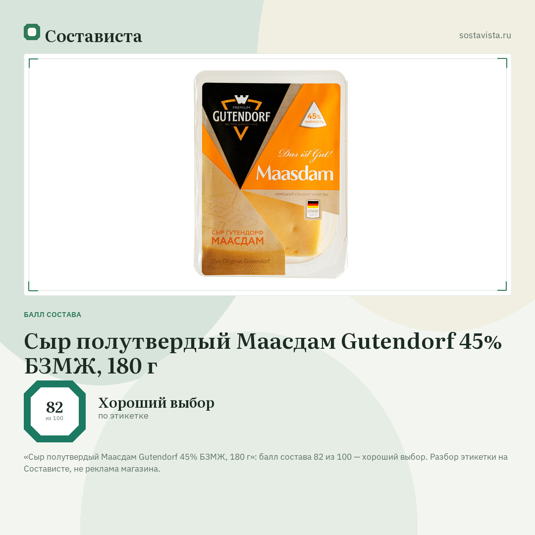 Сыр полутвердый Маасдам Gutendorf 45% БЗМЖ, 180 г: балл состава 82 из 100 — Состависта