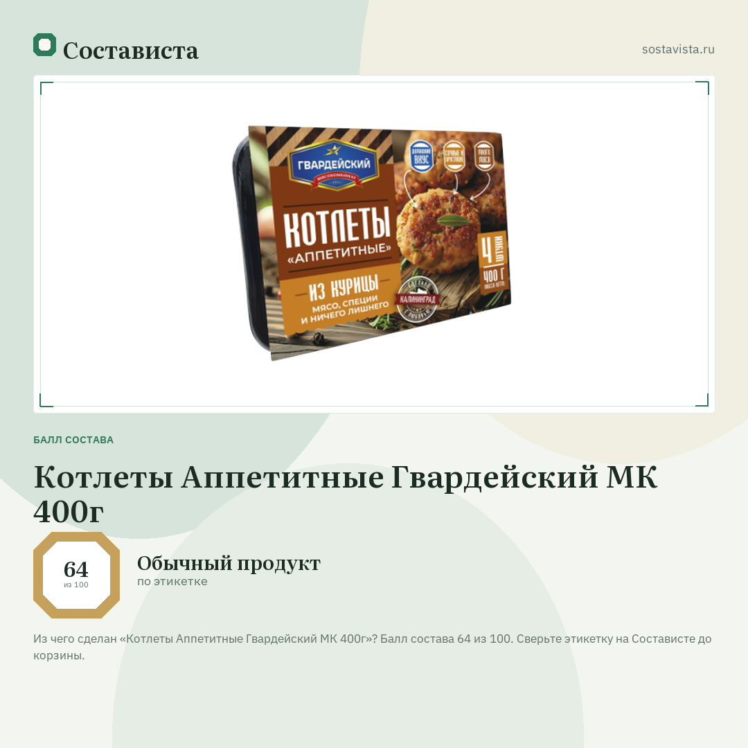 Котлеты Аппетитные Гвардейский МК 400г: балл состава 64 из 100 — Состависта