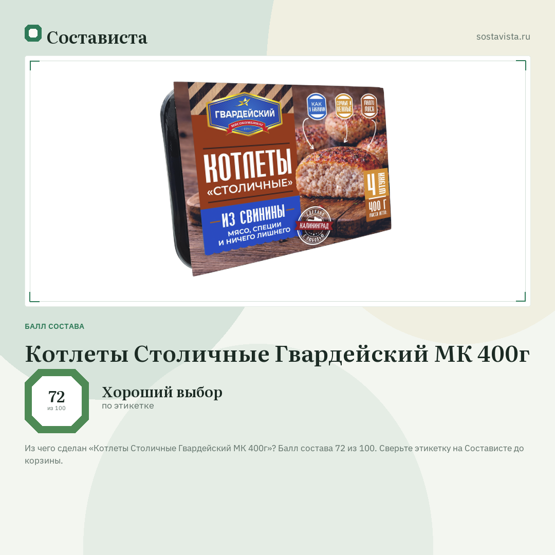 Котлеты Столичные Гвардейский МК 400г: балл состава 72 из 100 — Состависта